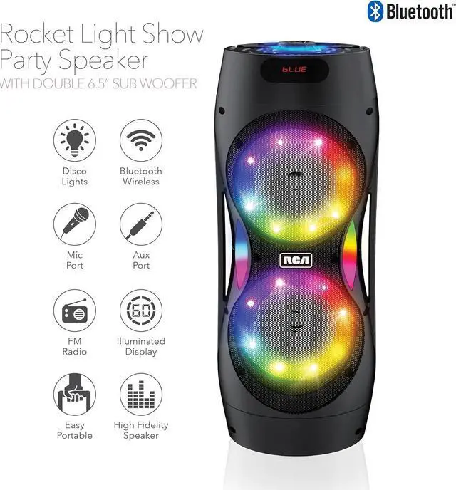 Alt view image 3 of 7 - RCA Disco 206 RGB Bluetooth Speaker, Dual 6.5" Sub Woofer, 7-Color LED Lights, Customizable Audio Controls, USB, SD Card, FM Radio, Built-in Trolley & Wheels, Karaoke Microphone Included