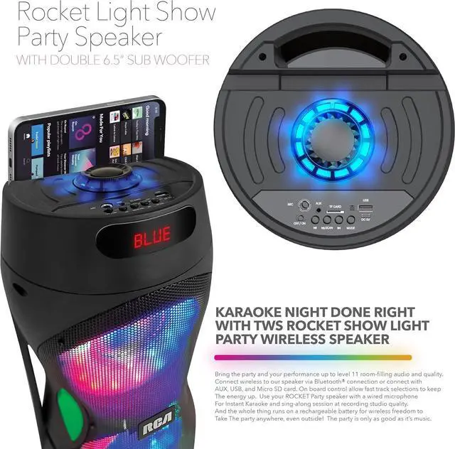 Alt view image 7 of 7 - RCA Disco 206 RGB Bluetooth Speaker, Dual 6.5" Sub Woofer, 7-Color LED Lights, Customizable Audio Controls, USB, SD Card, FM Radio, Built-in Trolley & Wheels, Karaoke Microphone Included
