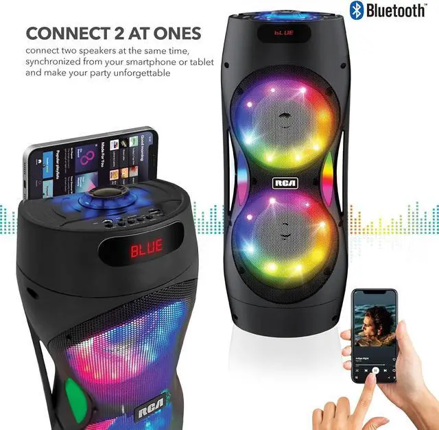 Alt view image 6 of 7 - RCA Disco 206 RGB Bluetooth Speaker, Dual 6.5" Sub Woofer, 7-Color LED Lights, Customizable Audio Controls, USB, SD Card, FM Radio, Built-in Trolley & Wheels, Karaoke Microphone Included
