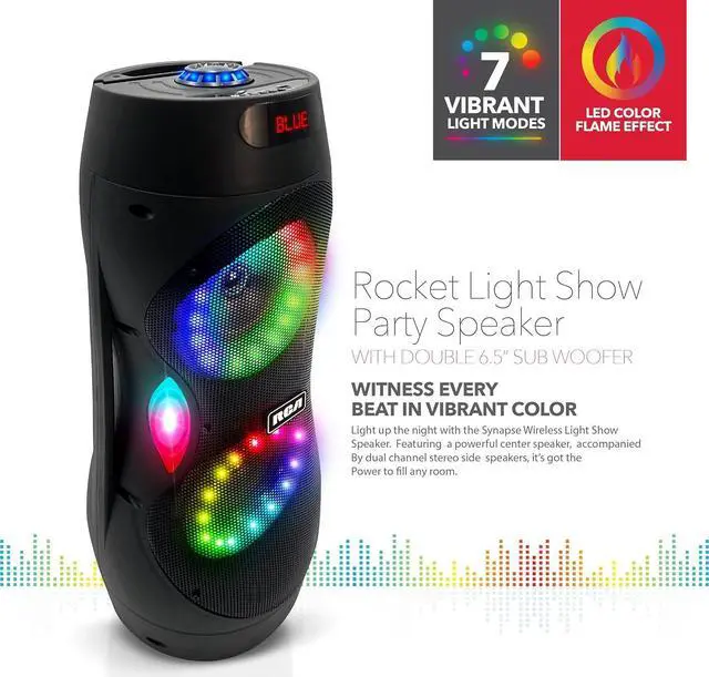 Alt view image 5 of 7 - RCA Disco 206 RGB Bluetooth Speaker, Dual 6.5" Sub Woofer, 7-Color LED Lights, Customizable Audio Controls, USB, SD Card, FM Radio, Built-in Trolley & Wheels, Karaoke Microphone Included