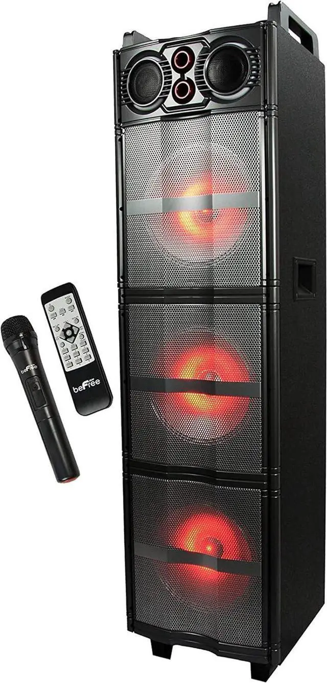 Main image of beFree Sound Triple 10 Inch Portable Bluetooth Subwoofer Speaker with Party Lights in Black, FM Radio, AUX Modes, 10 Subwoofers, Two top Handles, Rolling Wheels, Digital Display
