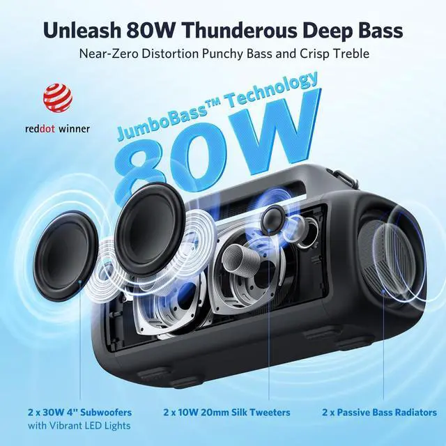 Alt view image 6 of 7 - EarFun® UBOOM Bluetooth Speaker 360° Surround Sound UBOOM X Portable Bluetooth Speaker, 80W Stereo with JumboBass, IP67 Waterproof Outdoor Speaker, RGB Light