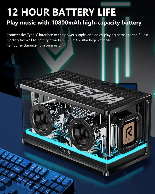 Alt view image 4 of 7 - Bluetooth Speaker Ultra Heavy Bass 40W RGB Light Cyber Mechanical Industrial Style Bluetooth 5.0 Wireless Stereo Sound Speaker for Indoor and Computer Room (Black)