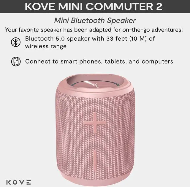 Alt view image 2 of 7 - KOVE Mini Commuter 2 Portable Speaker - Pink Bluetooth Speakers, Wireless with HD Louder Volume, Deep Bass Subwoofer, Microphone, IPX7 Water Resistant - Perfect Boom Box for Home, Outdoor or Travel