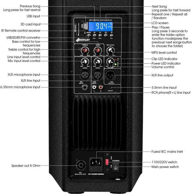 Alt view image 4 of 7 - Costzon Active 3-Way 6.5'' 2000W All-in-one PA Speaker DJ Loud Speaker with Bluetooth, USB/SD Card Input, MP3 FM Radio, Wireless Remote Control for Indoor Outdoor Party Wedding