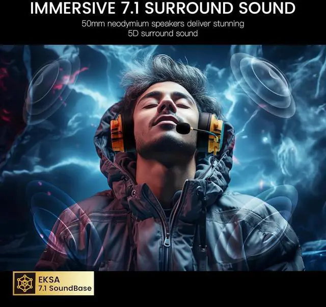 Alt view image 2 of 7 - EKSA USB Gaming Headset for PC, Computer Gaming Headphones with Detachable Microphone Noise Cancelling, 7.1 Surround Sound, 50MM Driver, Wired Headset for PS4 PS5, Xbox One, Laptop (Yellow)