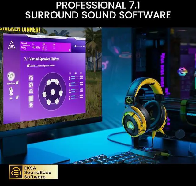 Alt view image 5 of 7 - EKSA USB Gaming Headset for PC, Computer Gaming Headphones with Detachable Microphone Noise Cancelling, 7.1 Surround Sound, 50MM Driver, Wired Headset for PS4 PS5, Xbox One, Laptop (Yellow)