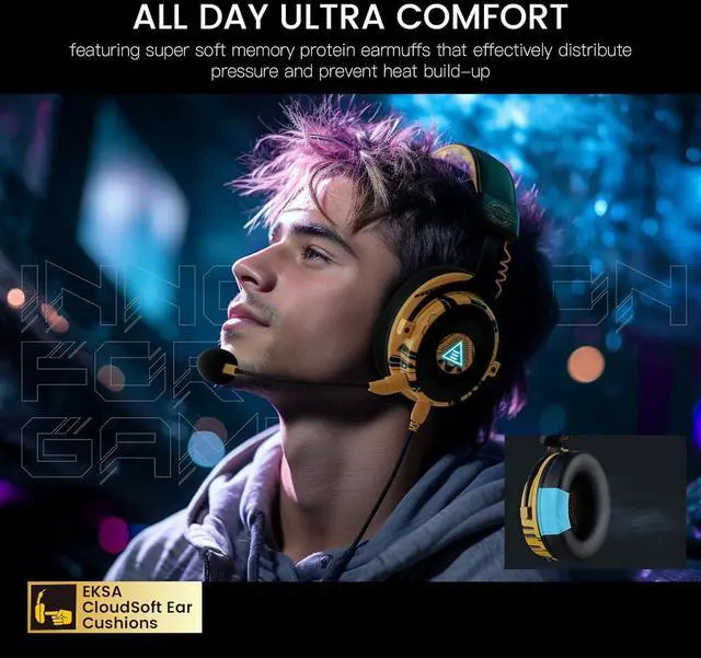 Alt view image 6 of 7 - EKSA USB Gaming Headset for PC, Computer Gaming Headphones with Detachable Microphone Noise Cancelling, 7.1 Surround Sound, 50MM Driver, Wired Headset for PS4 PS5, Xbox One, Laptop (Yellow)
