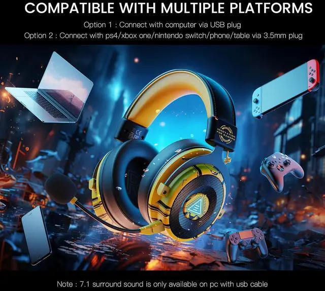 Alt view image 7 of 7 - EKSA USB Gaming Headset for PC, Computer Gaming Headphones with Detachable Microphone Noise Cancelling, 7.1 Surround Sound, 50MM Driver, Wired Headset for PS4 PS5, Xbox One, Laptop (Yellow)