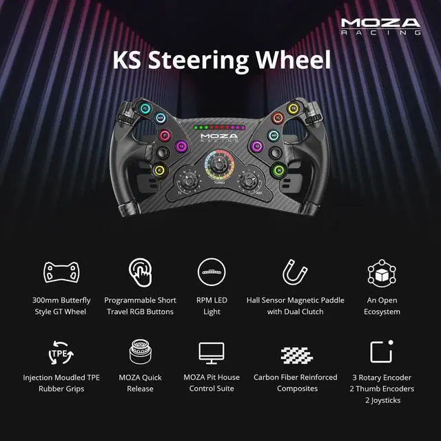 Alt view image 7 of 7 - MOZA KS Steering Wheel 300mm Butterfly Style GT Racing Wheel, Fully Customizable Sim Racing Gaming Simulator, Compatible with 3rd-Party Bases via Hub