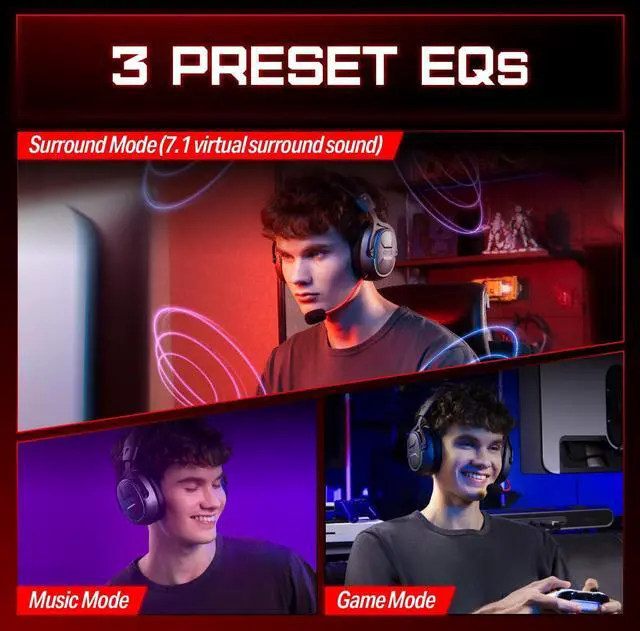 Alt view image 5 of 7 - OXS Storm G2 Wireless Gaming Headsets, 7.1 Virtual Surround Sound, 3 EQ Modes, 2.4G Low Latency, 50mm Driver, 40H Playtime, RGB Light, Bluetooth 5.3, Compatible with PC, Console, Mobile, Black