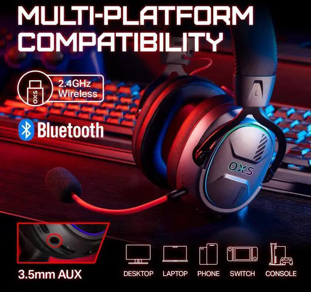 Alt view image 6 of 7 - OXS Storm G2 Wireless Gaming Headsets, 7.1 Virtual Surround Sound, 3 EQ Modes, 2.4G Low Latency, 50mm Driver, 40H Playtime, RGB Light, Bluetooth 5.3, Compatible with PC, Console, Mobile, Black