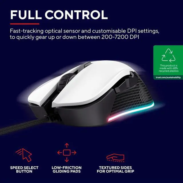 Alt view image 2 of 7 - GXT 922W Ybar Gaming Mouse, 68% Recycled Materials, 200-7200 DPI, 6 Programmable Buttons, 2.1 m Braided USB Cable, Advanced Software, RGB Computer Mouse for PC, Laptop, Windows - White
