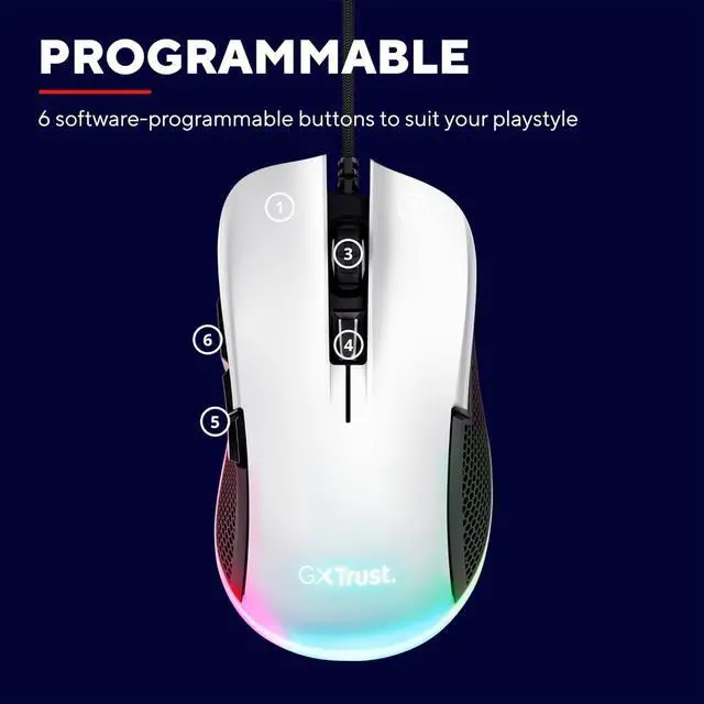 Alt view image 6 of 7 - GXT 922W Ybar Gaming Mouse, 68% Recycled Materials, 200-7200 DPI, 6 Programmable Buttons, 2.1 m Braided USB Cable, Advanced Software, RGB Computer Mouse for PC, Laptop, Windows - White