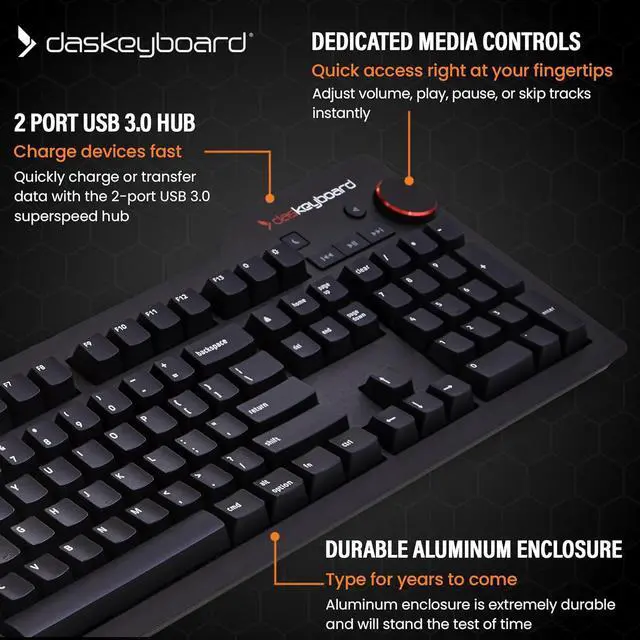 Alt view image 5 of 7 - Das Keyboard 4 Professional for Mac Wired Mechanical Keyboard, Cherry MX Brown Mechanical Switches, 2-Port USB 3.0 Hub, Volume Knob, Aluminum Top (104 Keys, Black)