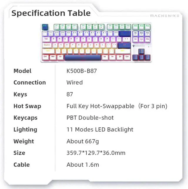 Alt view image 6 of 7 - Machenike K500B-B87 75% TKL Mechanical Wired Gaming Keyboard, 87 Keys Compact Hot Swappable Linear Red Switch with Number Pad, Dynamic RGB Backlit, Anti-Ghosting, Double-Shot PBT Keycaps, White/Blue