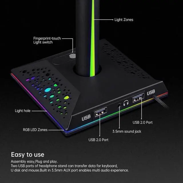 Alt view image 5 of 7 - Headphone Stand Headset Holder Headset Stand RGB Headphone Stand Over-Ear Gaming Headset Desk Bracket Gaming Headphones Holder Display Shelf PC Accessories Headphone Holder
