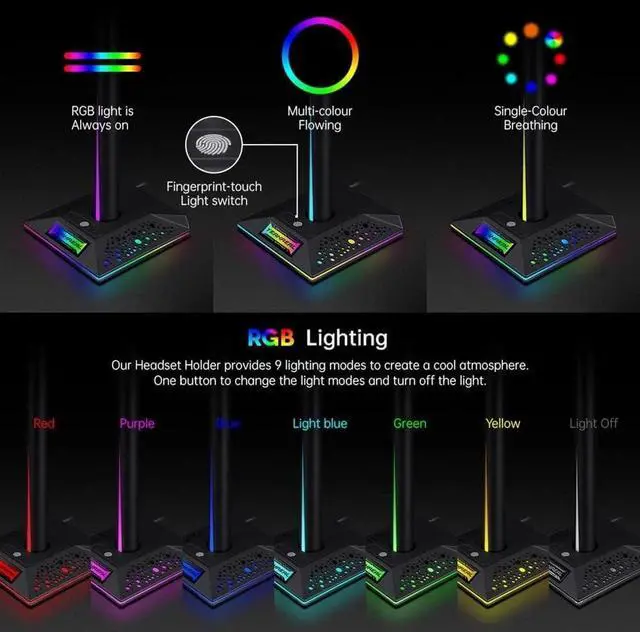 Alt view image 6 of 7 - Headphone Stand Headset Holder Headset Stand RGB Headphone Stand Over-Ear Gaming Headset Desk Bracket Gaming Headphones Holder Display Shelf PC Accessories Headphone Holder