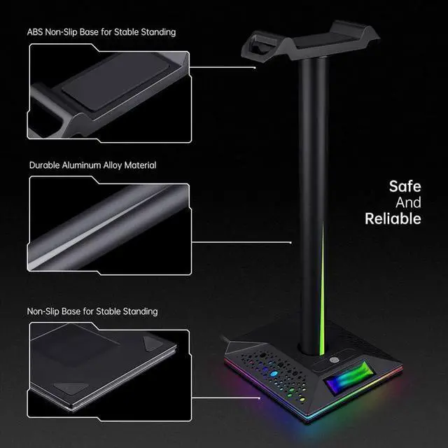 Alt view image 7 of 7 - Headphone Stand Headset Holder Headset Stand RGB Headphone Stand Over-Ear Gaming Headset Desk Bracket Gaming Headphones Holder Display Shelf PC Accessories Headphone Holder