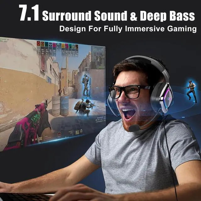 Alt view image 4 of 7 - QOA Kinera Gaming Headset with Microphone,Xbox Headset with 7.1 Surround Sound,Wired Over-Ear Headphones,PC Game Headsets,Soft Ear Pads,USB Port,Cool Light,for Computer, Laptop,Xbox, Ps4, Ps5, Switch