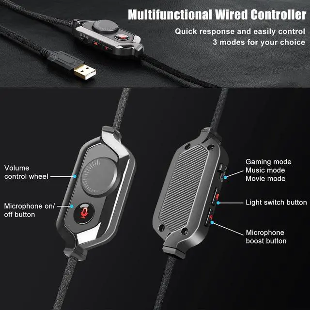 Alt view image 5 of 7 - QOA Kinera Gaming Headset with Microphone,Xbox Headset with 7.1 Surround Sound,Wired Over-Ear Headphones,PC Game Headsets,Soft Ear Pads,USB Port,Cool Light,for Computer, Laptop,Xbox, Ps4, Ps5, Switch