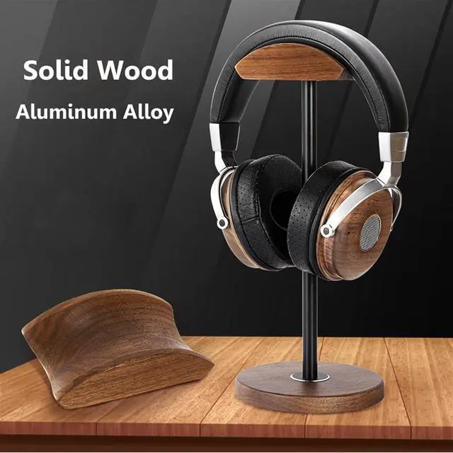 Alt view image 2 of 6 - Headphone Stand/Headset Holder Headphone Stand Solid Wooden Desktop Headphone Holder Universal Aluminum Alloy Gaming Headset Stand Walnut Wood Earphone Display Bracket Mount for Desk PC Gaming Headset