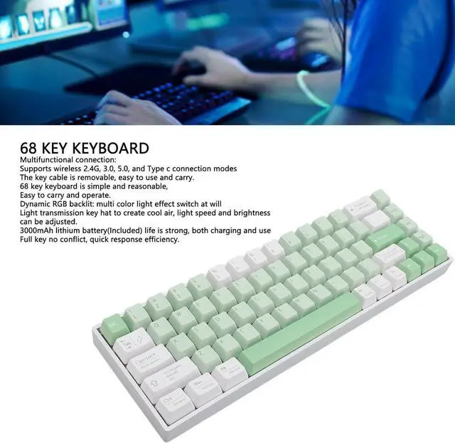 Alt view image 4 of 7 - 60% Gaming Mechanical Keyboard, 68 Key RGB Backlit Keyboard, Blue Switch, Triple Mode BT5.0/2.4G Cordless/USB C Hot Swappable Mechanical Keyboard for Android