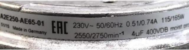Alt view image 3 of 3 - Zyvpee 250mm A2E250-AE65-01 230V 115/165W 4 Wires Spindle Motor Fan for Evaporator condensate