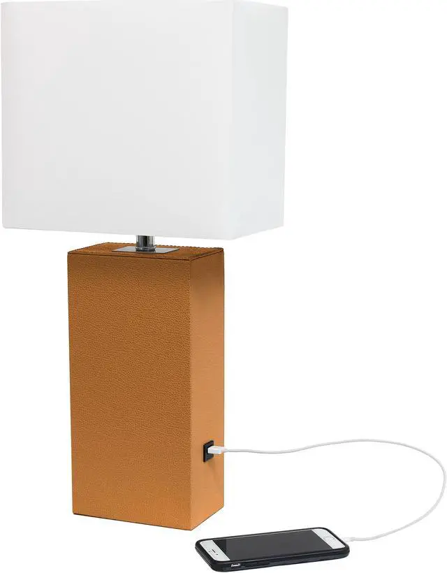 Alt view image 5 of 20 - Elegant Designs Modern Leather Table Lamp with USB and White Fabric Shade, Tan
