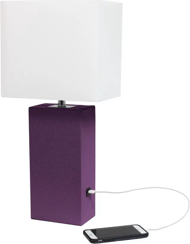 Alt view image 6 of 18 - Elegant Designs Modern Leather Table Lamp with USB and White Fabric Shade, Eggplant