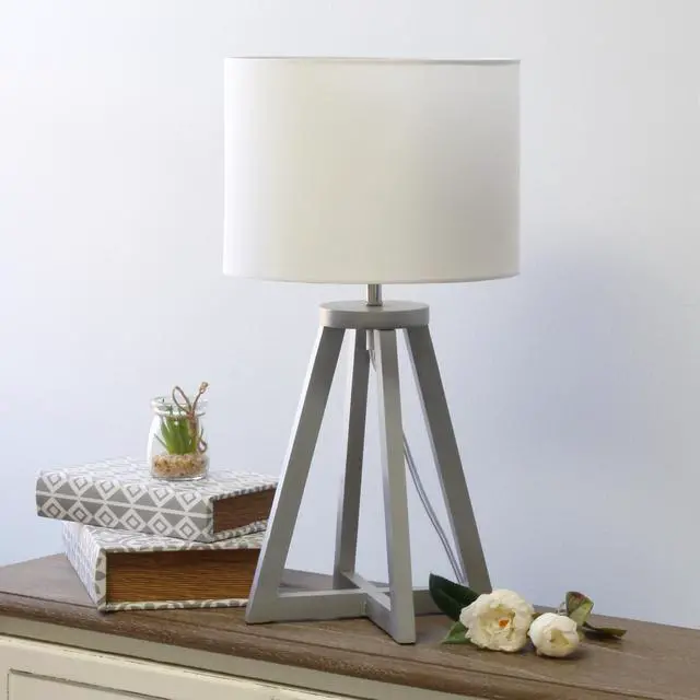 Alt view image 3 of 18 - Simple Designs Interlocked Triangular Gray Wood Table Lamp with White Fabric Shade