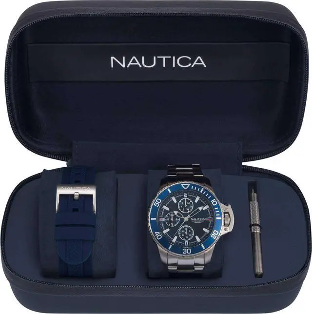Alt view image 8 of 11 - Men's Nautica Bayside 45mm Stainless Steel Band Watch NAPBYS006