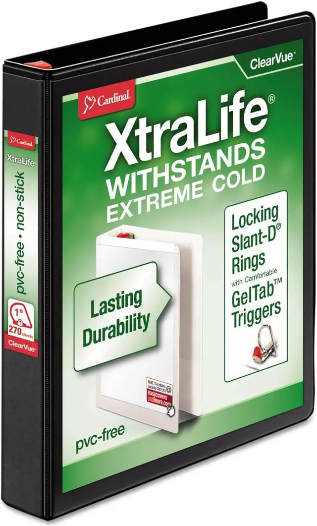 Main image of Cardinal XtraLife ClearVue Non-Stick Locking Slant-D Ring Binder ,BNDR,1",CV, D-RING,BK