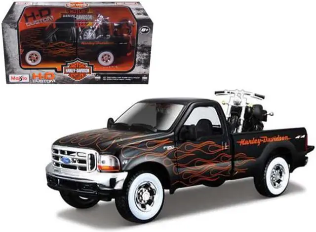 Main image of 1999 Ford F-350 Super Duty Pickup Black with Flames 1/27 & 2002 Harley Davidson FLSTB Motorcycle Night Train 1/24 Diecast Models by Maisto