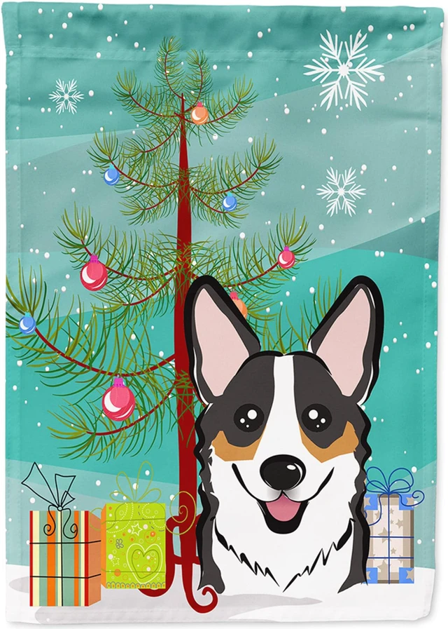 Main image of Caroline's Treasures BB1627GF Christmas Tree and Tricolor Corgi Garden Flag, Small, Multicolor