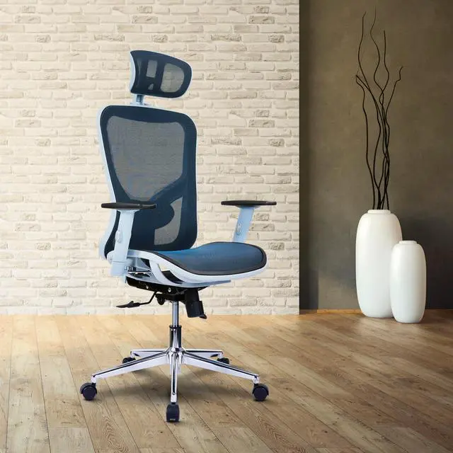 Alt view image 11 of 20 - The Techni Mobili High Back Executive Mesh Office Chair with Arms, Headrest and Lumbar Support, Blue