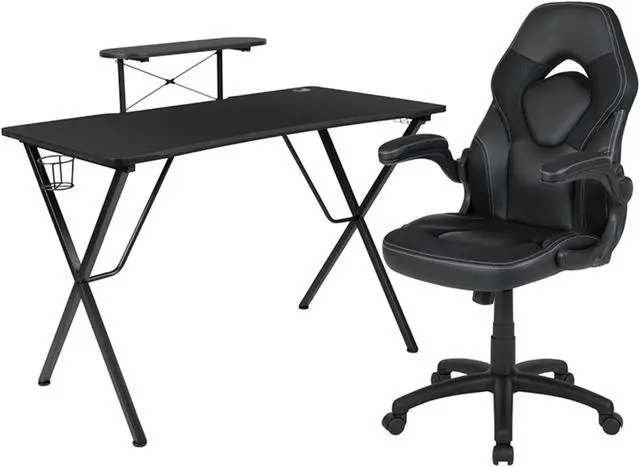 Alt view image 14 of 17 - Flash Furniture Black Computer Gaming Desk and Racing Chair Set with Cup Holder, Headphone Hook, Monitor and Smartphone Stand