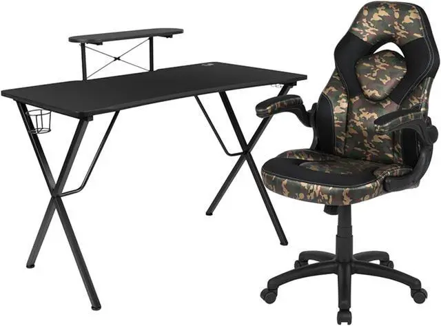 Main image of Black Gaming Desk and Camouflage/Black Racing Chair Set with Cup Holder, Headphone Hook, and Monitor/Smartphone Stand