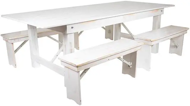 Main image of HERCULES Series 8' x 40" Antique Rustic White Folding Farm Table and Four 40.25"L Bench Set