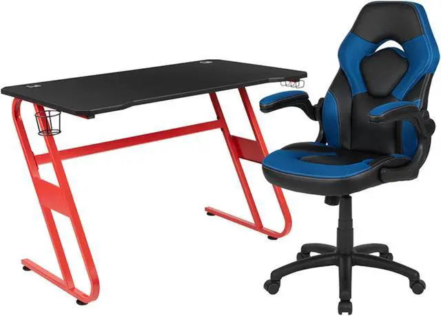 Alt view image 18 of 20 - Flash Furniture Red Computer Gaming Desk and Blue, Black Racing Chair Set with Cup Holder and Headphone Hook