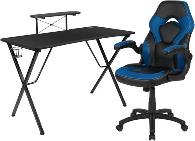 Alt view image 14 of 17 - Flash Furniture Black Computer Gaming Desk and Blue, Black Racing Chair Set with Cup Holder, Headphone Hook, Monitor and Smartphone Stand