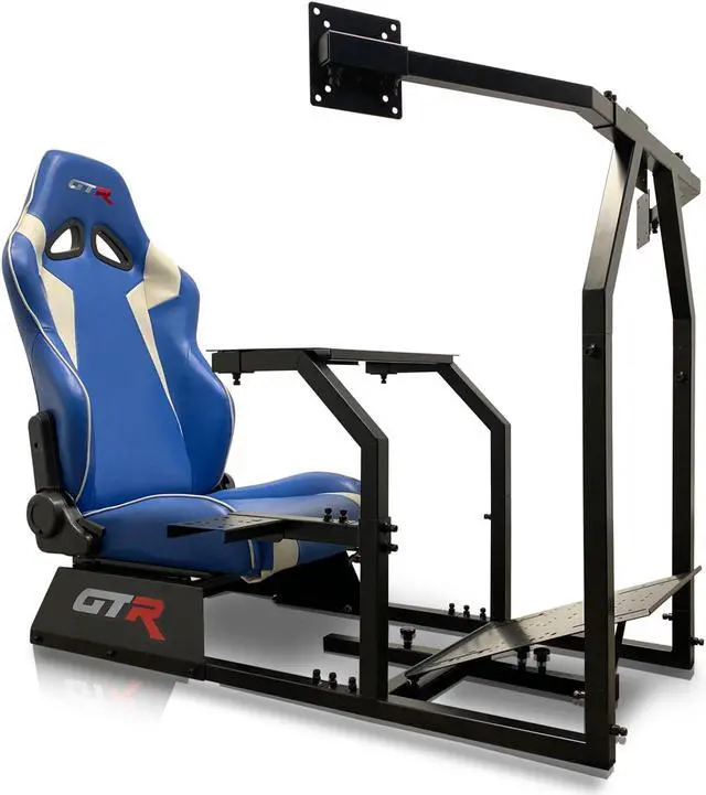 Alt view image 7 of 9 - GTR Simulator GTA-F Model (Black) Triple or Single Monitor Stand with White/Red Adjustable Leatherette Seat, Racing Gaming Driving Simulator Cockpit chair Triple Monitor Stand