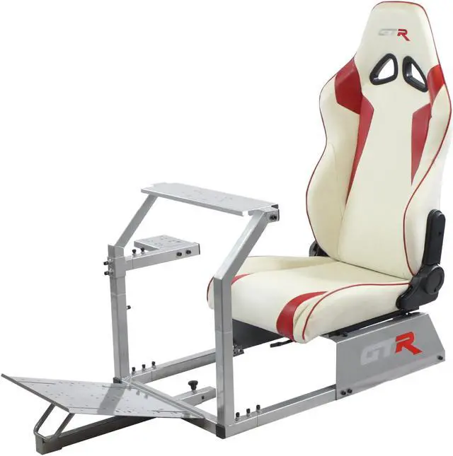 Alt view image 5 of 10 - GTR Simulator GTA Model Silver Frame with White/Red Real Racing Seat, Racing Gaming Driving Simulator Cockpit Chair with Gear Shifter Mount
