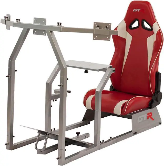 Alt view image 5 of 8 - GTR Simulator GTA-F Model (Silver) Triple or Single Monitor Stand with Red/White Adjustable Leatherette Seat, Racing Gaming Driving Simulator Cockpit Chair Triple Monitor Stand