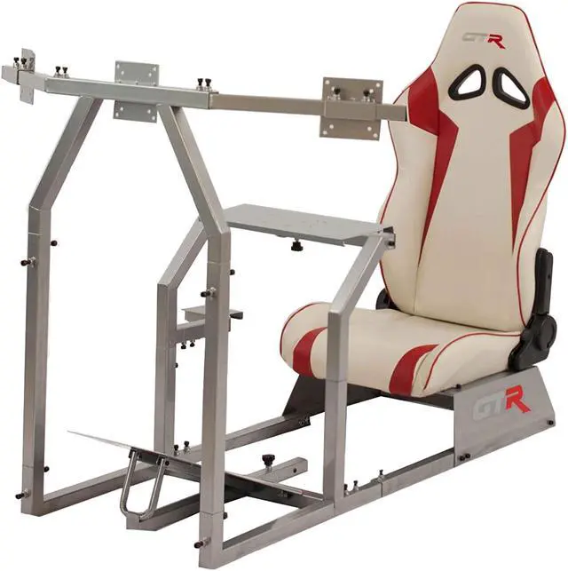 Alt view image 5 of 8 - GTR Simulator GTA-F Model (Silver) Triple or Single Monitor Stand with White/Red Adjustable Leatherette Seat, Racing Gaming Driving Simulator Cockpit gaming chair Triple Monitor Stand