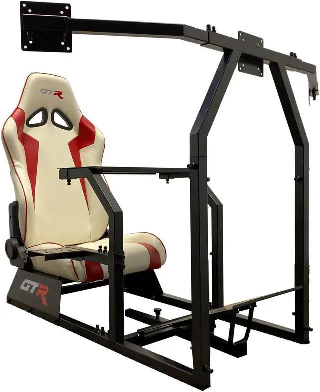 Alt view image 6 of 9 - GTR Simulator GTA-F Model (Black) Triple or Single Monitor Stand with White/Red Adjustable Leatherette Seat, Racing Gaming Driving Simulator Cockpit chair Triple Monitor Stand