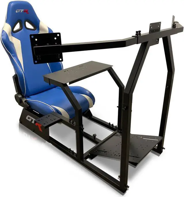 Alt view image 8 of 9 - GTR Simulator GTA-F Model (Black) Triple or Single Monitor Stand with White/Red Adjustable Leatherette Seat, Racing Gaming Driving Simulator Cockpit chair Triple Monitor Stand