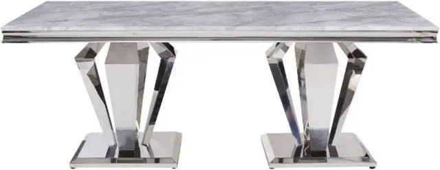 Alt view image 3 of 3 - Dining Table, Light Gray Printed Faux Marble & Mirrored Silver Finish
