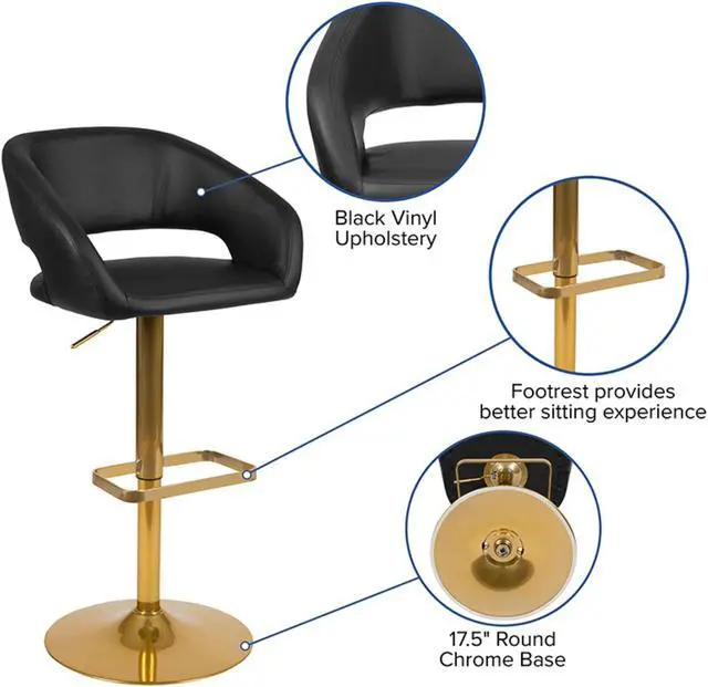 Alt view image 12 of 12 - Contemporary Black Vinyl Adjustable Height Barstool with Rounded Mid-Back and Gold Base