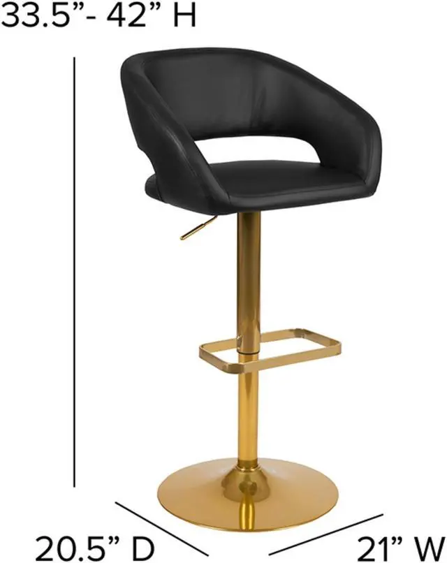 Alt view image 11 of 12 - Contemporary Black Vinyl Adjustable Height Barstool with Rounded Mid-Back and Gold Base